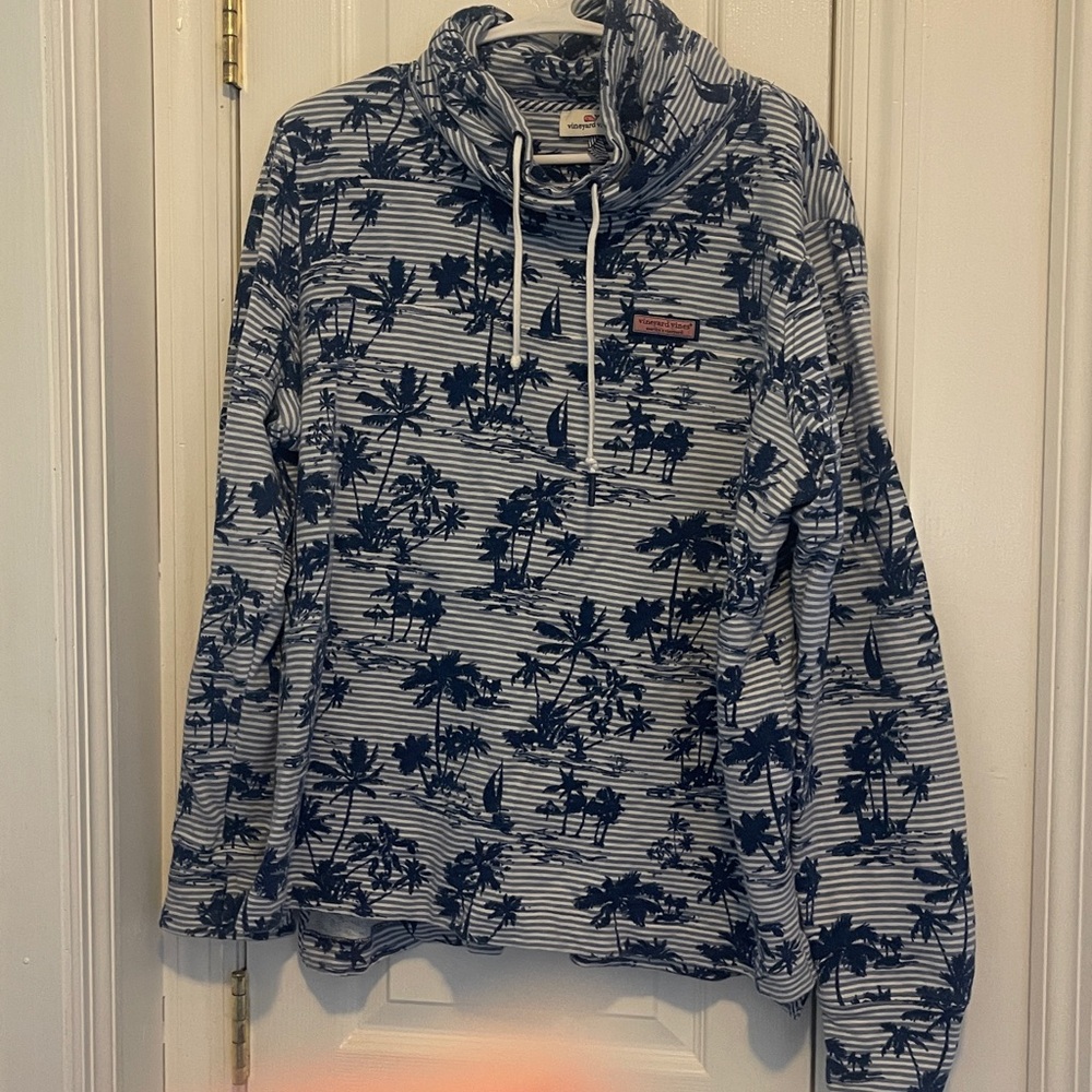 Vineyard Vines Navy and White Palm-Print Turtleneck Sweatshirt